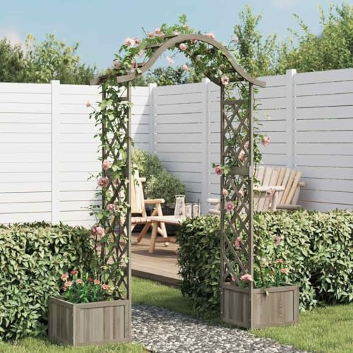 Runheo Pérgola de jardín de madera maciza de abeto gris con jardinera, 175 x 40 x 204 cm, decoración de jardín, macetero para rosas, plantas trepadoras, hiedra, clemátide, terraza, balcón, patio