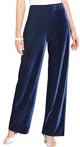 Chums Ladies Velour Straight Leg Trousers Soft Stretch Elasticated Waist Smart Casual Evening Comfort Trousers Sizes 12–24 Navy 14 Short