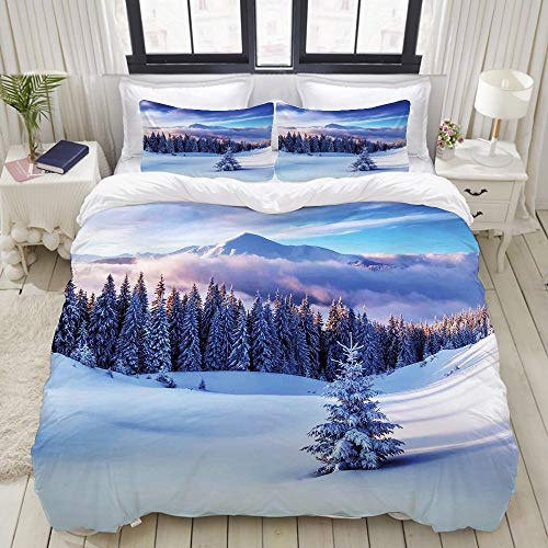 PENGTU Set Biancheria da Letto,Paesaggio Invernale surreale con Cime di Alta Montagna e Alberi di Pino innevato,Copripiumino Matrimoniale 220 X 240 cm e 2 Federe 50 x 80 cm,Microfibra