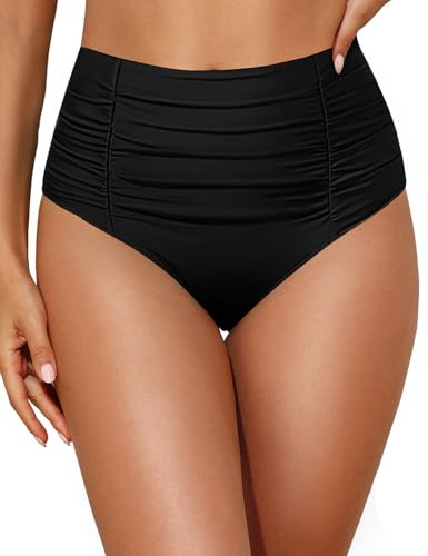 Holipick Black Bathing Suit Bottoms for Women - High Waisted Bikini Bottoms Ruched Tummy Control Swimsuit Bottom L