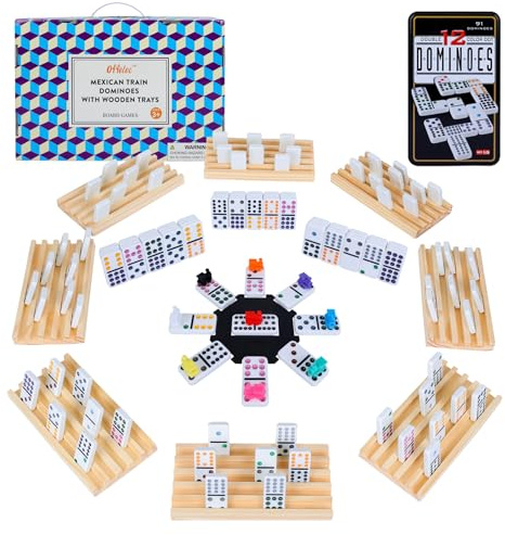 Mexican Train Dominoes Set with 8 Wooden Holders | Double 12 Dominoes with 91 Color-Coded Tiles & Hub | Domino Tile Board Games for 2-8 Players | Family Board Game for Adults & Kids (D12 + 8 Holders)