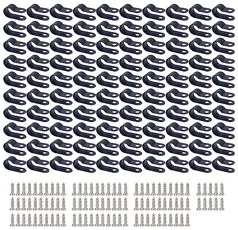 UMCHU 100 Piezas 10mm Clips de Nailon R de Nylon,Grapas de fijación por tornillo,Clips de Alambre para Cables,para Gestión de Cables Sujetadores de Clip de Alambre(Con 100 tornillos)