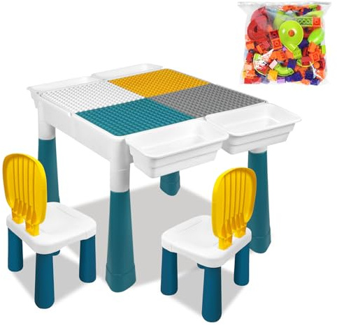CEEDIR 6-i-1 barnbord, lekbord, multifunktionellt aktivitetsbord, set, pysselbord med 163 stycken byggstenar och 2 stolar för barnrum och förskola, för barn, byggsten, bordsstol