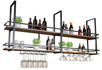 Takhylla – 2 nivåer hängande vinglashållare, kök hängande förvaringsställ, väggmonterad massivt trä vinglashållare med skyddsskenor, för kök/LOFT/bar (storlek: 160 x 30 x 80 cm (63 x 12 x 31 I