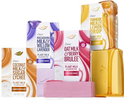 Dove Plant Milk Cleansing Bar Soap Variety Pack 4 for Moisturized Skin, with Gentle Cleansers, No Sulfate Cleansers or Parabens, 98% Biodegradable Formula, 5 oz