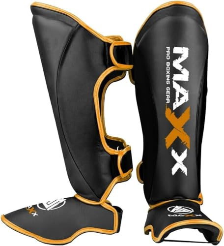 Maxx Adult Boxing Shin Instep Pads MMA Leg Foot Guards Muay Thai Kick Boxing Pad (Black Gold, XS)