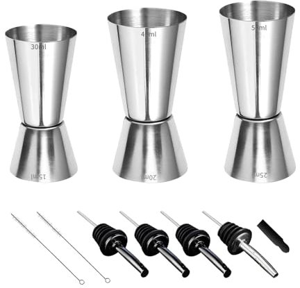 Zythrem 10pcs Misurino Cocktail Set 3cl/4cl/5cl Jigger Dosatore Cocktail con 4 Tappo Versatore e 2 Spazzola di Pulizia per Bar Vino Bevande Barista