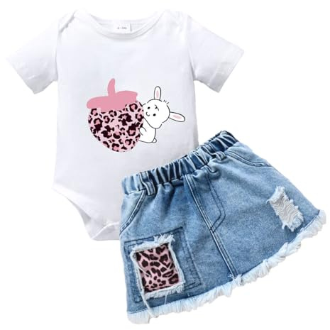 LUVCES Conjunto Ropa para Bebé Niña de Verano Manga Corta Estampado de Letras Mameluco+ Falda Vaquera Rota Ropas de verano Trajes Conejo blanco 12-18 Meses