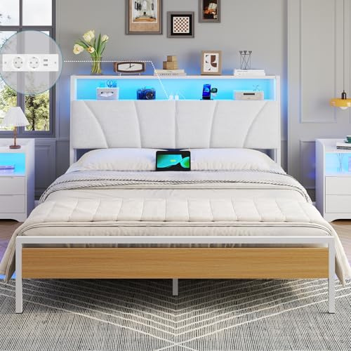 Brinlawb Bett 140x200 mit Lattenrost aus Metall, Bettgestell 140x200cm mit LED Beleuchtung Metallbett 140x200 mit Kopfteil & Ladestation(2 AC-Steckdosen& 2 USB-Anschlüsse) Jugendbett Doppelbett, Weiß