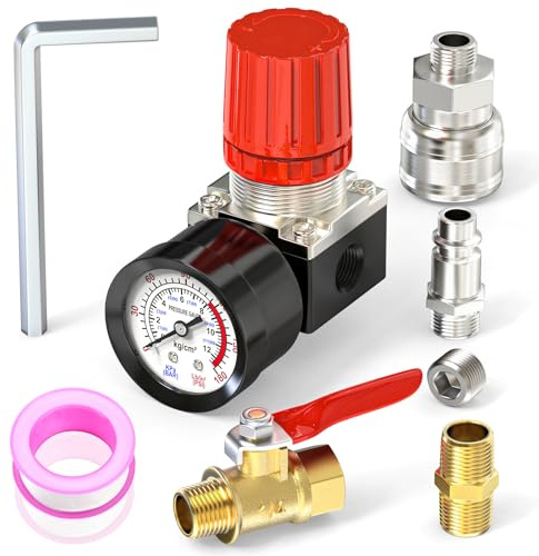MEANLIN MEASURE 1/4 Inch Air Compressor Regulator with Gauge, 0~180 PSI Air Gauge Regulator Inline for Air Compressor and Pneumatic Tools (Four-way valve)