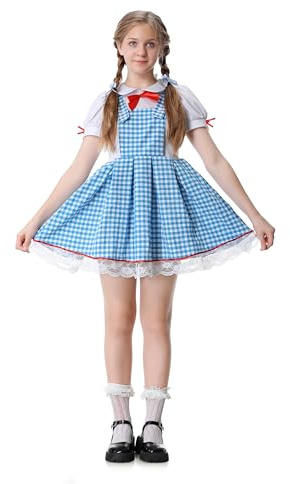 DELIVESS Kids Dorothy Costume Girls Blue Gingham Dress with Hair Bows and Socks Book Storybook Character Halloween Christmas Outfit (L, Blue)
