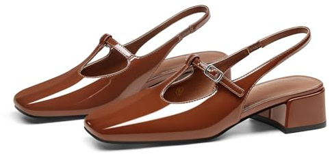 Coutgo Womens Mary Jane Slingback Low Heels T Strap Chunky Heel Closed Toe Pumps Wedding Party Dress Shoes, Brown, 4 UK