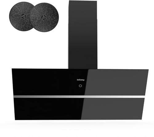 IsEasy Cappa Aspirante 90 cm, Cappa Cucina 90 cm con 578 m³/h Forte Potenza di Aspirazione, Scarico/Ricircolo, 4 Livelli di Regolazione, Ritardo 1-9 Minuti, 58 dB, Nero, Efficienza A++