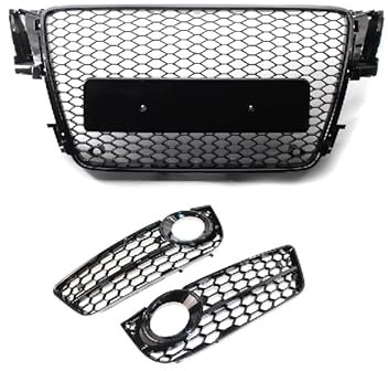 1 Set Griglia Centrale a Nido d’Ape in ABS per Audi A5 (2008-2012) Modificata + Cornici Fendinebbia Nere a Nido d’Ape Traforate, GZ.D092 HL/R + GZ.A AD-LK A5/RS5-6, Nero Lucido, Senza Logo