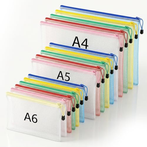 Carehabi Bolsas de Documentos A4 A5 A6 con Cremallera 15 Piezas, Carpeta Fundas Plástico Malla Transparente, Archivador para Material Escolar Oficina Viajes y Recibos Certificados