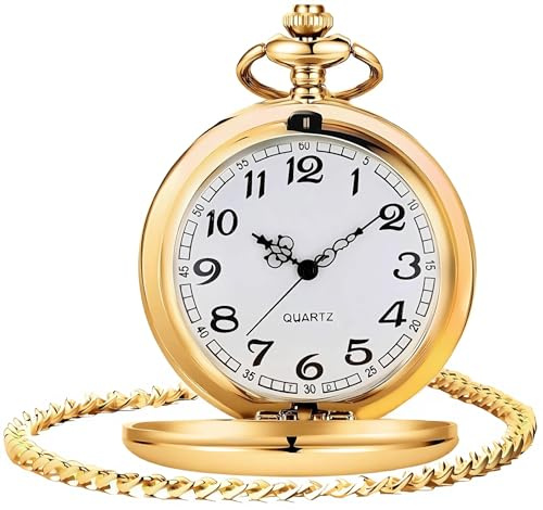LYMFHCH Smooth Vintage Pocket Watch with Chain, Arabic Numerals Scale Mens Watch Christmas Graduation Birthday Gifts Fathers Day（Gold）