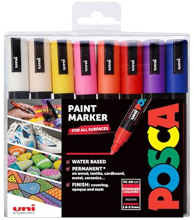 POSCA 153544848 PC-5M „Paint in a Pen“-Set, 2,5 mm breite Kugelspitze, wasserbasierte Filzstifte, 16 Farben