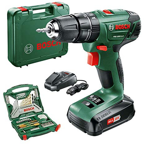 Bosch PSB 1800 LI-2 Cordless Combi Drill with two 18 V Lithium-Ion Battery with a 70 Piece Accessory Set