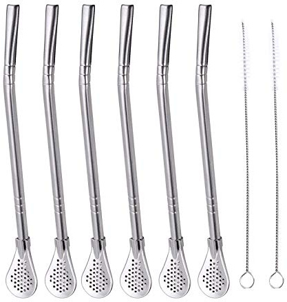 FRUTA 6 PCS Stainless Steel Yerba Mate Tea Bombilla Straws with Filter Spoon and 2 PCS Cleaning Brushes, Removable Filtered Spoons Drinking Straw, 18.5CM/7.28inch