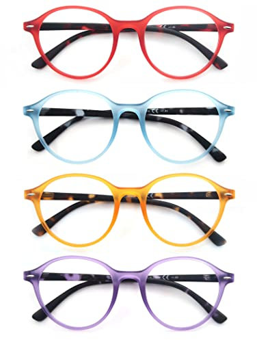 MODFANS Un Paquet de 4 Lunettes de Lecture Femmes,Lunettes Loupe Monture Ronde Branches a Ressort,Leger Comfort Vision Nette,Lunettes de Vue Couleur Rouge-Blue-Violet-Jaune