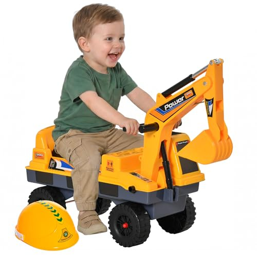 HOMCOM Ruspa Giocattolo 2 in 1 con Escavatore e Mordente, Vano Nascosto, Gioco Cavalcabile Bambini 2-3 Anni, 90x28x58cm, Giallo