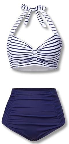 Holipick Blue Stripe Women High Waisted Bikini Set Two Piece Swimsuit Tummy Control Bathing Suit Vintage Halter Swimwear S