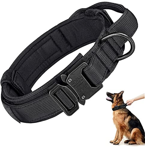 Queerelele Hundehalsband mit Griff Taktisches Hundehalsband Militärisches Hundehalsband, aus Nylon, gepolstert, Metallschnalle, für Mittlere Große Hunde Jagd Training Freizeit Outdoor, Schwarz XL