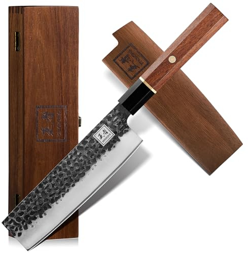 ENOKING Japanese Nakiri Knife, 7 Inch Vegetable Knife 5 Layer 9CR18MOV Clad Steel Cooking Knife for Kitchen, Super Sharp Kitchen Knife with Ebony Bolster African Rosewood Handle with Wooden Box
