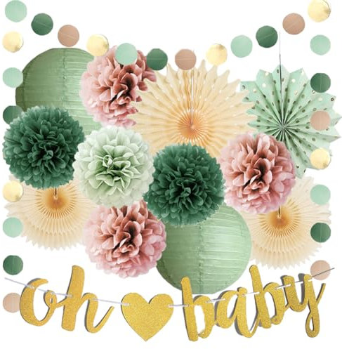 Decoraciones de baby shower de rosa polvorienta y verde salvia, decoraciones bohemias para baby shower, color verde salvia, rosa polvoriento, farolillos beige, decoración de fiesta de oliva y rosa con