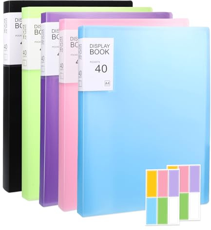 5 Pcs A4 Display Folders, Total 200 Pockets A4 Display Book Folder with Stickers, Plastic Sleeves and Pockets Presentation Folders Document Project Folder for School and Offices