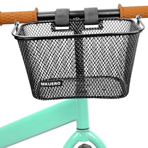 Mkuero Kids Bike Basket, Front Bicycle Basket for Boy and Girl, Metal Children's Bicycle Basket, Cute Kid's Bike Decorative Accessories for Kids Bikes, Balance Bikes, Scooters and Tricycles(Black)
