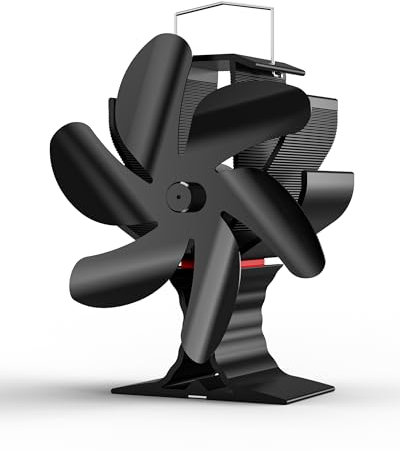 TITECK 6-Blade Log Burner Fan with Thermometer, Heat Powered for Wood Burning Stove, Compact & Silent with Overheat Protection