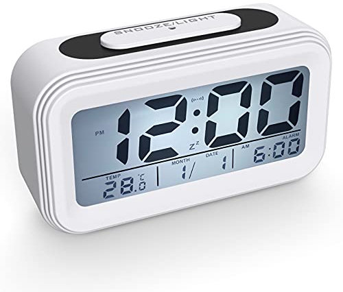 Coolzon Sveglia Digitale, Sveglie da Comodino Batteria per Bambini Adulti, Orologio Digitale Silenziosa Grande LCD Schermo Data Temperatura Funzione Snooze Luce Notturna Allarme Forte, Bianco