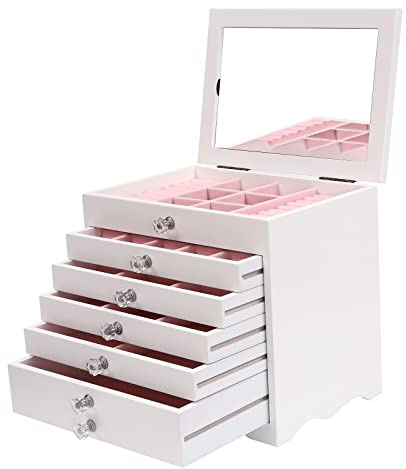 WooDerson Grande portagioie con coperchio in vetro, bianco, a 7 livelli, con 5 cassetti, per orecchini, collane, orologi, anelli