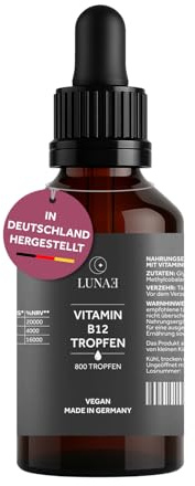 Lunae Nutrition Vitamin B12 Tropfen – mit 500 µg Methyl- & Adenosylcobalamin pro Tropfen (4:1) – hochdosierte bioaktive Formen – laborgeprüft & in Deutschland hergestellt – 800 Tropfen/50 ml