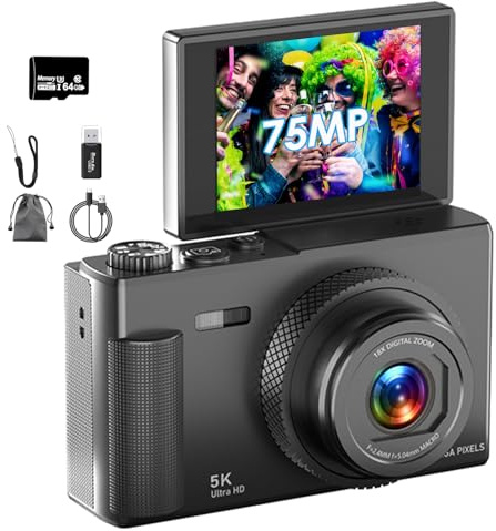 Digitalkamera, Verbesserte UHD 5K 75MP Kamera Fotoappara mit 64-GB-SD-Karte, 18X Digitalzoom, 2,83'' 180° Klappbildschirm, Aroßer Akku, Retro Tragbare Vlog Kamera für Kinder Student Anfänger (Schwarz)