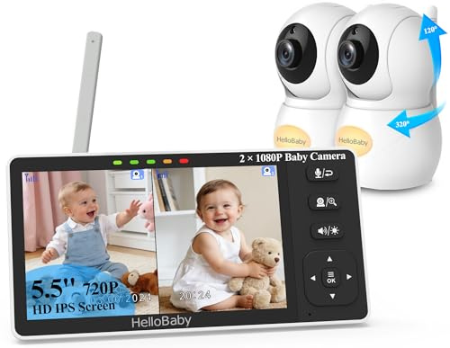 HelloBaby Baby Monitor with 2 Cameras and Night Vision, 5.5'' Split Screen Dual Baby Monitor with 1080P Baby Camera, Pan-Tilt-Zoom, No WiFi, ECO, 2-Way Audio, 8 Lullabies, 1000ft Range