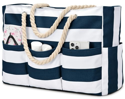 oscaurt Große Strandtasche 7 Taschen Badetasche Damen Beach Tote Bag mit Reißverschluss Shopper Tasche Damen Faltbare Saunatasche Umhängetasche Geschenke für Frauen