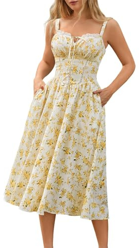 SCARLET DARKNESS Women Floral Corset Dress Summer Boho Milkmaid Sundress | Cutout Waist, Smocked Back, Pockets, for Casual, Wedding Guest, Tea Party, Vacation