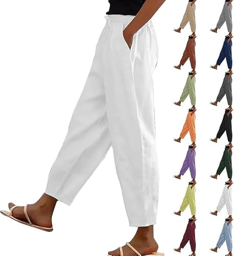 Cotton Linen Trousers Womens Solid Color Elasticated Waist Trouser Ladies Summer Lounge Pants Plain Loose Fit Capri Pant Casual Straight Leg Bottoms with Pockets Lounge Trousers
