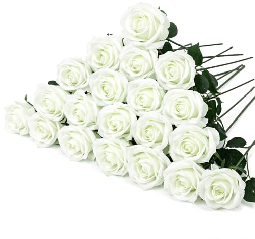 saerryor 20 Pcs White Artificial Flowers Fake Artificial Roses Silk Flowers with Stem for DIY Wedding Party Bouquet Centerpieces Arrangements Home Tables Garden Decorations
