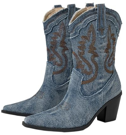 ZUGLQYSX Stivali Texani Donna Stivaletti da Donna Occidentali, Sexy, con Punta Spessa e Tacco Alto, Cowboy, Scarpe, Taglia 42(Blue,41)