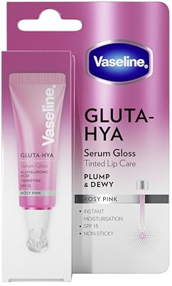 Vaseline Sérum Labial Gluta-Hya Rosy Pink 10ml. Con ácido hialurónico, tripéptido, tecnología Glutaglow y SPF15. Color, volumen y protección. Hidratación al instante y acabado gloss no pegajoso.