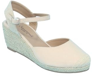 Chums Ladies Wide EE Fit Espadrille Wedge Shoes – Mock Suede Covered Toe Sandal, Elastic Buckle, 2.5 Heel, Navy or Beige