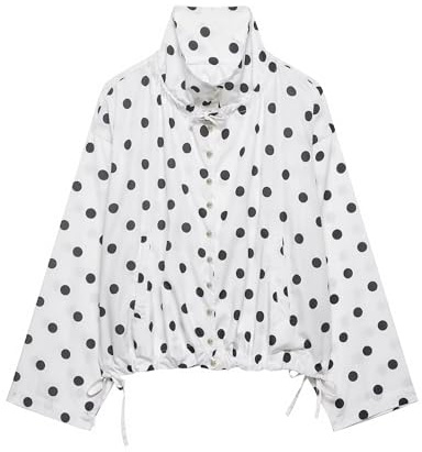Goolecrimp Women's Spring Fashion Drawstring Hem Stand-Up Collar Polka Dot Jacket Relaxed Fit with Pockets, Button-Front, Short, Lightweight Jacket