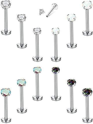 Milacolato 12PCS 16G Helix Tragus Orecchini per Donna Acciaio Inossidabile 316L Labret Labbro Stud Cartilagine Pavimentata Chiaro CZ Opale Posteriore Piatta Orecchini Piercing S8mm