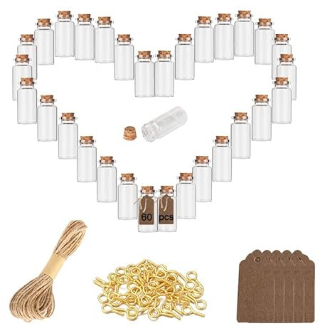 EXFU 60 Stück Mini Glasflaschen mit Korken 22 x 50mm/10ml, Kleine ReagenzgläSer mit Korken, Glas Reagenzgläser zum Befüllen für Öl, Kräuter, für Hochzeit Party Zubehör Dekorationen