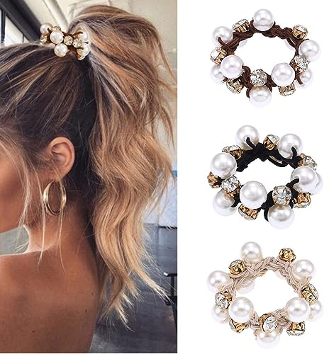 Yean Elastici per Capelli Elastici Neri Scrunchies per Capelli con Perle Fasce per Capelli con Cristalli Corde per Capelli Accessori per Capelli per Donne e Ragazze (Confezione da 3) (A)