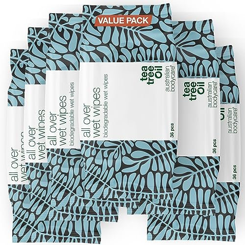Tea Tree Oil Wet Wipes – 216 Wipes (6 Packs) | Cleanser for Sweat, Dirt & Makeup | Refreshing, Moisturizing & Cooling | On-the-Go Hygiene | Biodegradable