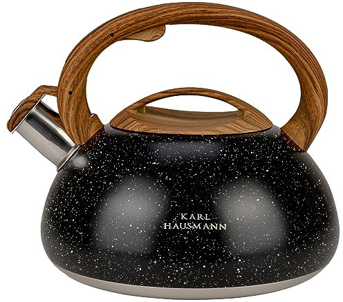 KARL HAUSMANN Wasserkessel Induktion - 3L - Schwarz Marmor Teekessel mit Automatischer Pfiff - Edelstahl Wasserkocher für Induktionsherd, Gasherd und Elektroherd - Pfeifkessel - Teekanne